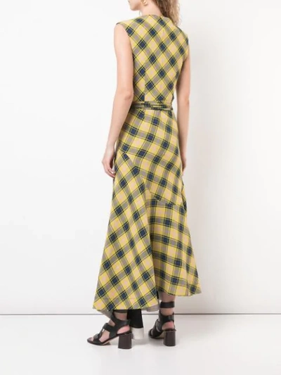 Shop Derek Lam V-neck Gauze Plaid Dress With Asymmetric Hem In Yellow