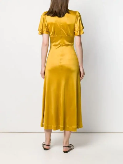 Shop Alexa Chung Satin Midi Dress With Pleated-sleeved In Yellow