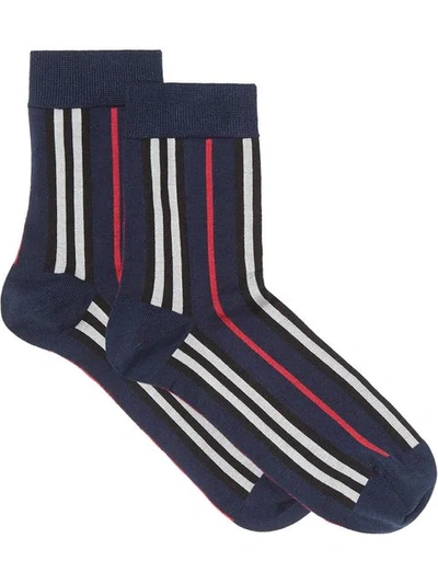 Shop Burberry Icon Stripe Intarsia Ankle Socks In Blue