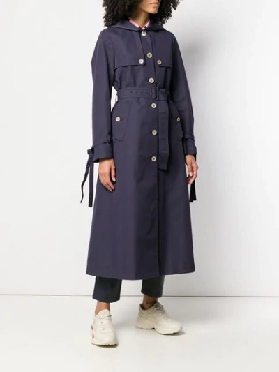 Shop Gucci Hooded Long Trench Coat In 4755 Navy