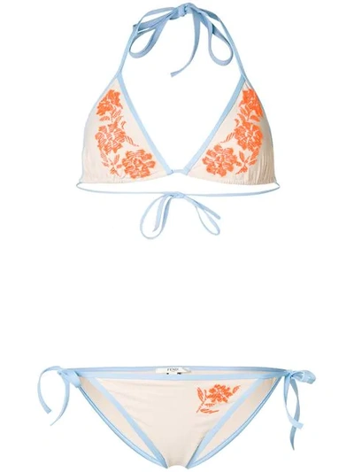 Shop Fendi Orange Floral Embroidered Bikini In Neutrals