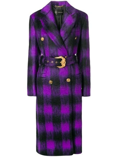 Shop Versace Checked Belted Coat In Purple