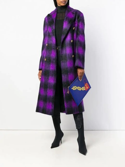 Shop Versace Checked Belted Coat In Purple