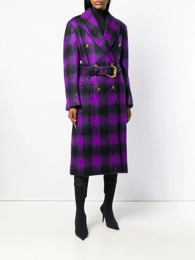 Shop Versace Checked Belted Coat In Purple
