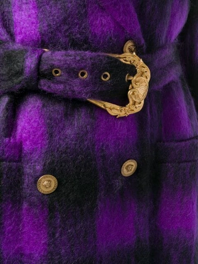 Shop Versace Checked Belted Coat In Purple