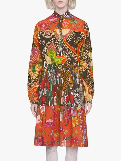 Shop Gucci Patchwork Print Belted Dress In 2259 Orange