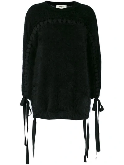 Shop Fendi Tie Detail Fuzzy-knit Sweater In Black