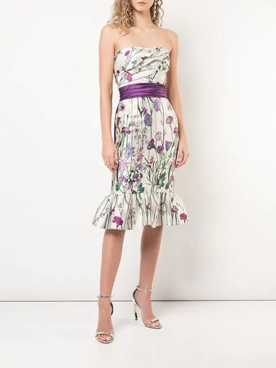 MARCHESA NOTTE FLORAL PRINT STRAPLESS DRESS - 白色