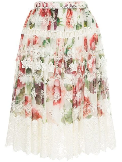Shop Dolce & Gabbana Peony Print Midi Skirt In White