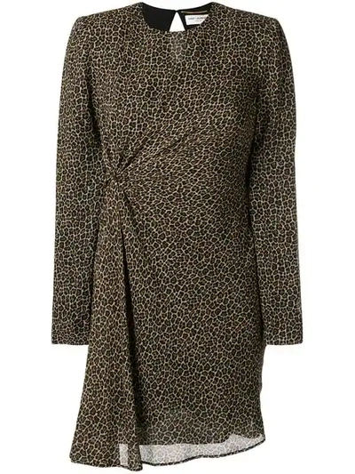 Shop Saint Laurent Leopard Print Ruched Dress In Brown