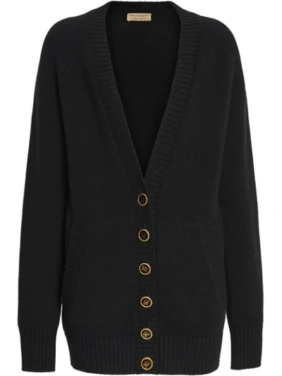 Shop Burberry Logo Button Cashmere Cardigan In Black