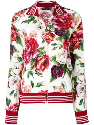Shop Dolce & Gabbana Peony Print Zip-up Sweatshirt In White