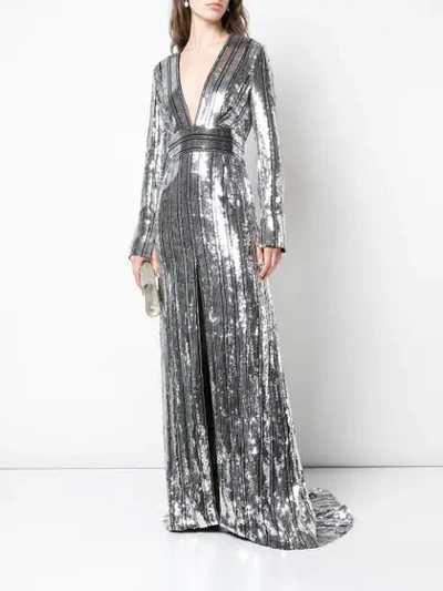 Shop Galvan Sequin Floor-length Evening Gown In Silver