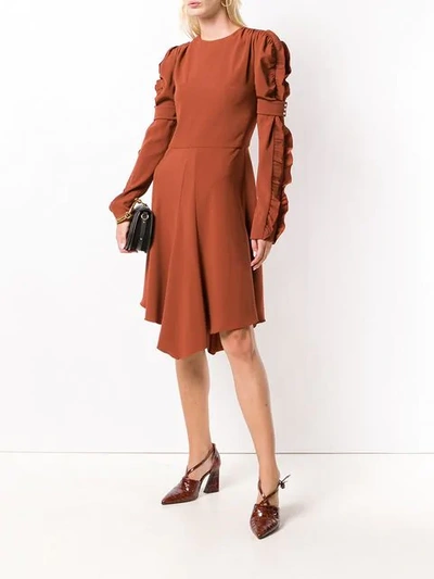 Shop Chloé Ruffled Sleeve Flared Dress In Brown
