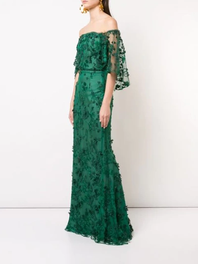 Shop Marchesa Notte Floral Off-the-shoulder Dress In Green