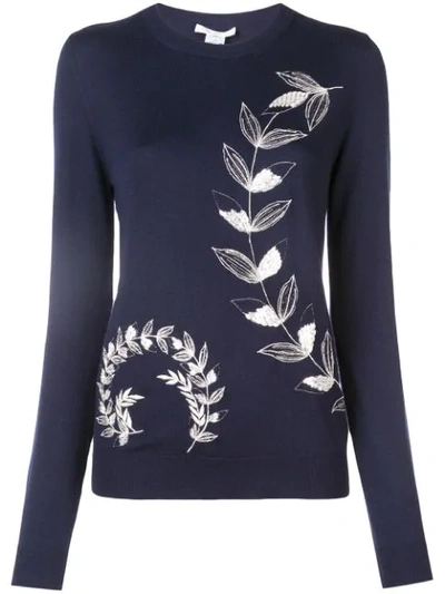 Shop Oscar De La Renta Leaf Embroidered Pullover In Blue