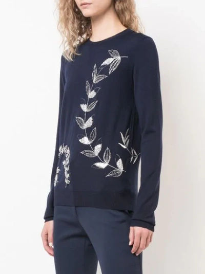 Shop Oscar De La Renta Leaf Embroidered Pullover In Blue