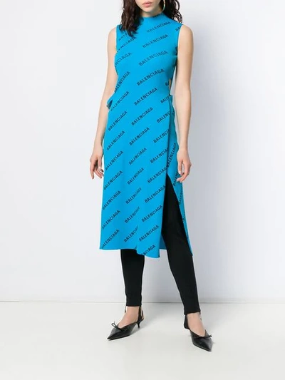 Shop Balenciaga Allover Logo Wrap Dress In Blue