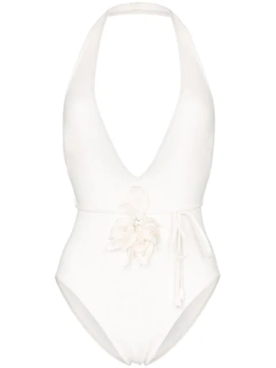 Shop Zimmermann Corsage Embellished Plunge Swimsuit In White