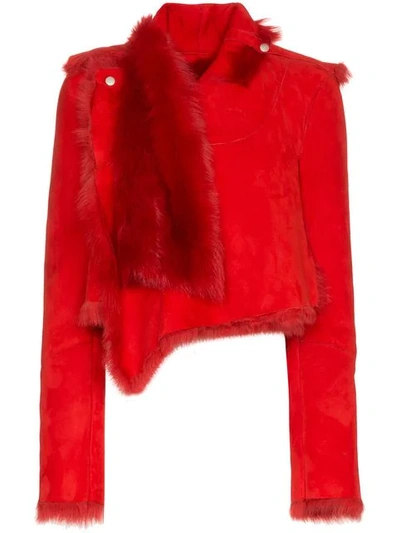 Shop Ben Taverniti Unravel Project Asymmetric Leather And Fur-trimmed Jacket In Red