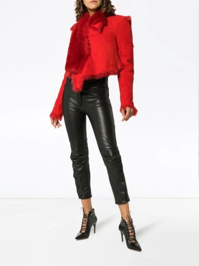 Shop Ben Taverniti Unravel Project Asymmetric Leather And Fur-trimmed Jacket In Red
