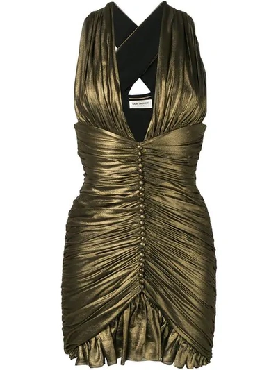 Shop Saint Laurent Gathered Dress In Crepe Chiffon In Gold