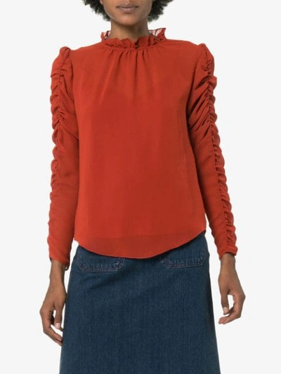 Shop See By Chloé Ruffle-neck Ruched Blouse In 647 Earthy Red