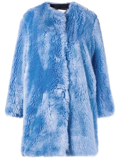 Shop Msgm Faux Fur Collarless Coat In Blue