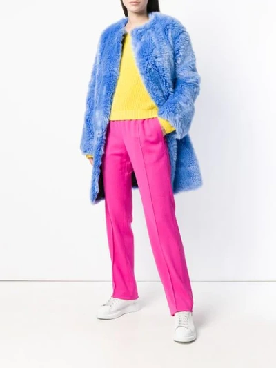 Shop Msgm Faux Fur Collarless Coat In Blue