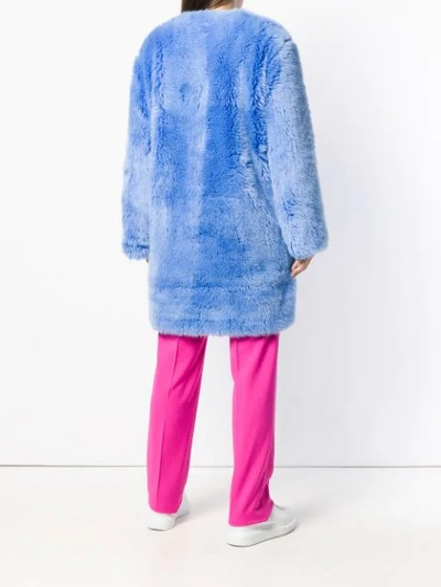 Shop Msgm Faux Fur Collarless Coat In Blue