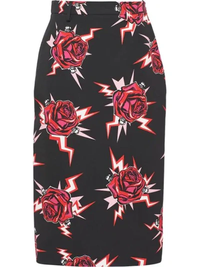 Shop Prada Rose Print Pencil Skirt In Red