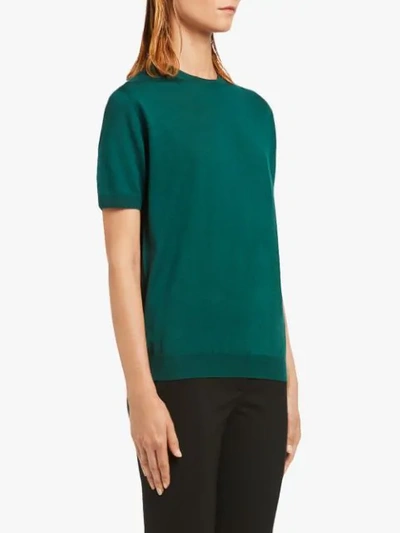 Shop Prada Short Sleeved Knitted Blouse In Green