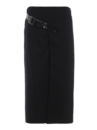 Shop Givenchy Wool Crepe Skirt With Deep Vent And Belt In Black