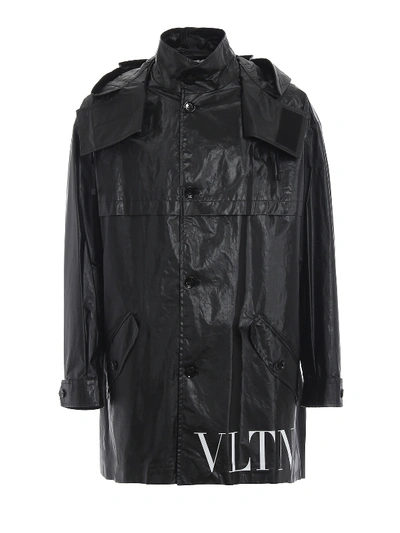 Shop Valentino Vltn Coated Cotton Hooded Trench Coat In Black