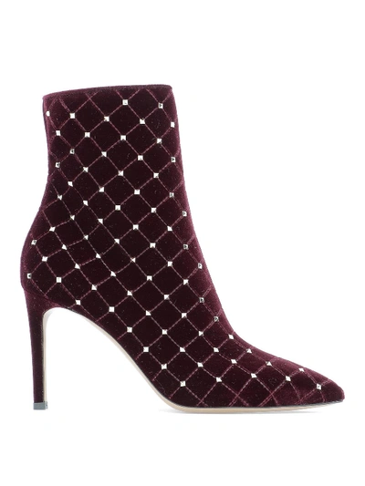 Shop Valentino Rockstud Spike Velvet Ankle Boots In Burgundy