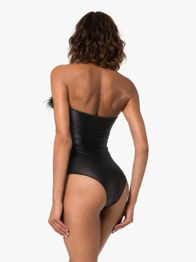 Shop Oseree Plumage Feather-trimmed Swimsuit In Black
