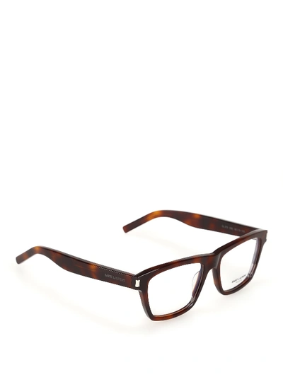 Shop Saint Laurent Tortoise Acetate Eyeglasses In Dark Brown