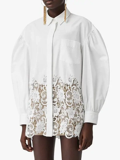 Shop Burberry Macramé Lace Panel Cotton Oxford Shirt In White