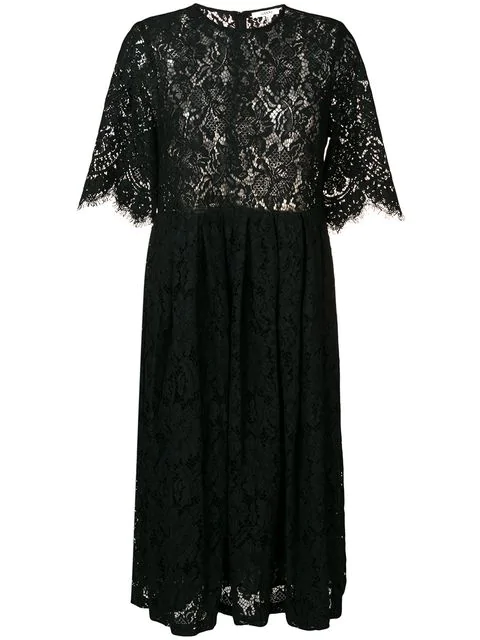 Ganni Embroidered Lace Pleated Dress In Black | ModeSens