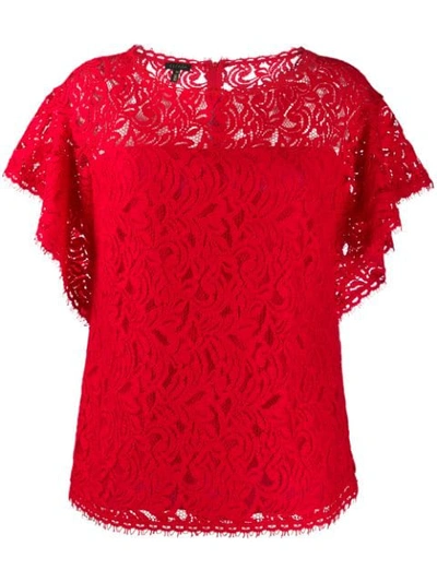 Shop Escada Lace Ruffle-sleeve Blouse In Red