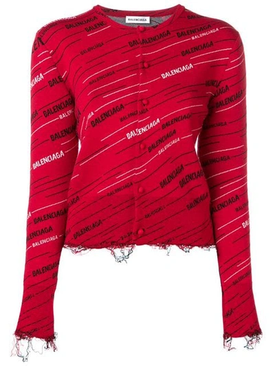 Shop Balenciaga Distressed Logo Cardigan In Red