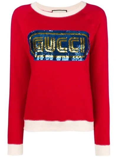 Shop Gucci Sequined Logo Sweatshirt In Red