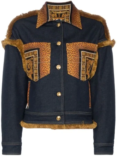 Shop Versace Leopard Print Detail Denim Jacket - Blue