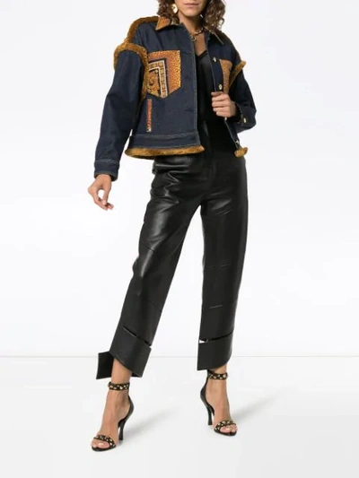 Shop Versace Leopard Print Detail Denim Jacket - Blue