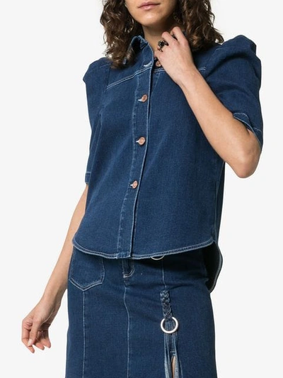 Shop See By Chloé Button Down Puff Sleeve Denim Blouse In Blue
