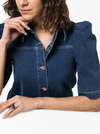 Shop See By Chloé Button Down Puff Sleeve Denim Blouse In Blue