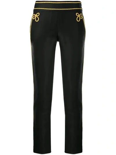 Shop Moschino Embroidered Rope Detail Trousers In Black