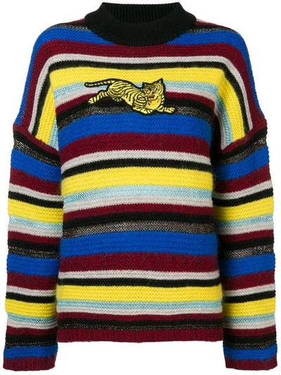 Shop Kenzo Striped Tiger Patch Sweater In Yellow