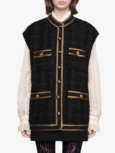 Shop Gucci Tweed Sleeveless Vest With Decorative Trim In Grey