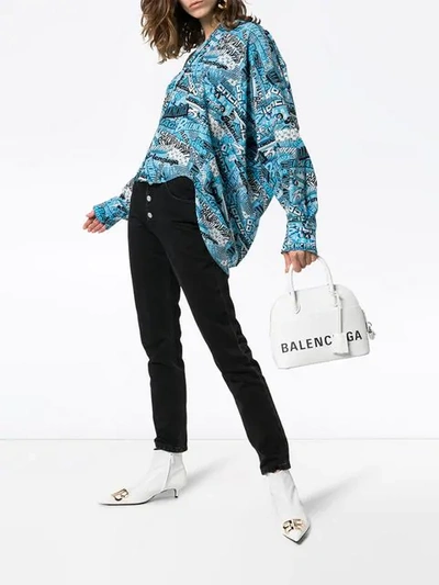 Shop Balenciaga Text-print Tie Neck Silk Shirt In Blue